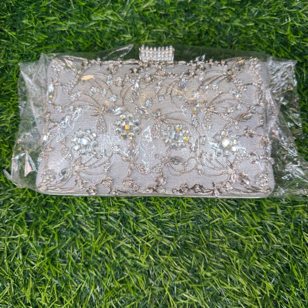 Rhinestone Evening Clutch Women Small Silver Excellent Floral Crystal - Picture 9 of 9